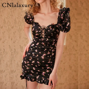CNlalaxury Seksualus Vasaros Atostogų suknelė Vintage Black Gėlių Spausdinti Paplūdimio Bodycon Suknelė Lieknas moteris, mini suknelės vestido de mujer