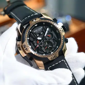 Rifas Tigras/RT Mens Sporto Laikrodžiai Originali Juodos Odos Dirželis Sudėtinga Dial Rose Gold Automatinis Laikrodžiai RGA3532