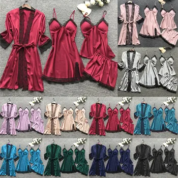 Plius Dydis 2XL 2019 Moterų Pižama Rinkiniai Satino Sleepwear Šilko 4 Gabalus, naktiniai drabužiai Pyjama Spageti Dirželis Nėrinių Miego Lounge 