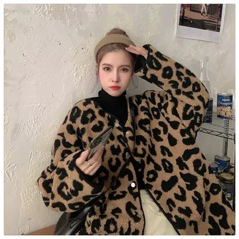 Qooth Japonijos Moterų Žiemos Striukė, Šiltas Leopardų Kailio laisvo Stiliaus Margumynas Stori Paltai Trumpos Trukmės Gyvūnų Spausdinti Outwear QT386