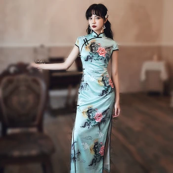 Sheng Kokosų Ponios Nauji Mėlyni Bijūnai Cheongsam Kinų Suknelė Qipao Ilgas Elegantiškas vakarines Sukneles Tradicinės Kinų Apranga S-4XL