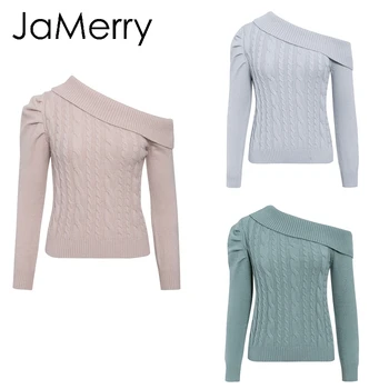 JaMerry Seksualus nereguliarus megzti megztinis moterims Nesimetriškas sluoksniuotos peties puloveris moterų megztinis Ponios kietosios žiemos megztinis 2019