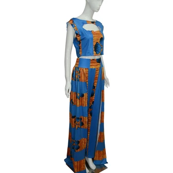 Afrikos Dashiki Moterų Kostiumas Mėlyna Rankovių Viršuje + TrousersCasual Mados High Street Naujas Dviejų dalių Afrikos Moterų Drabužiai