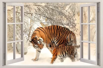 Nemokamas pristatymas 3D Langą Lipdukai Žiemos Tigrai Gyvūnų Sienos Lipdukas Meno Nuimamas Tapetai, Freskos Vinilo Lipdukas Namų Dekoro