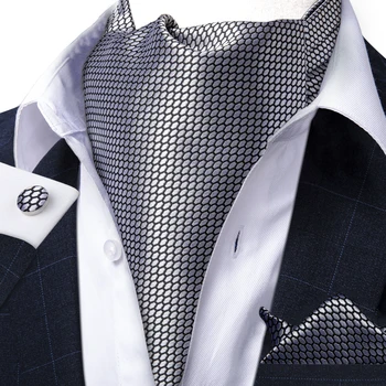 Vyrai Prabanga Silver Check Derliaus Ponai Savarankiškai Kaklaraištis Cravat Ascot Kišenėje Aikštėje Necktie Nosinė Nustatyti Vestuves DiBanGu