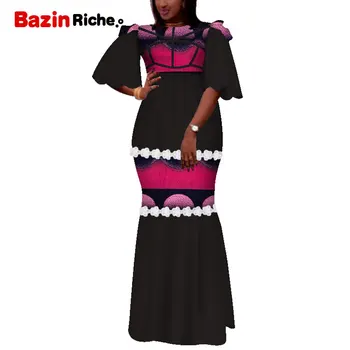 Afrikos Spausdinti Suknelės Moterims heidi bazin Riche Kratinys Puoštas Ilgos Suknelės, Šaliai, Vestidos Tradicinių Afrikos Drabužių WY5121