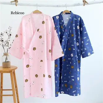 17Colors Medvilnės Moteris Kimono Pižama Yukata Japonų Stiliaus Gėlių Prarasti Ilgai Sleepwear Pižamą Cardigan Laisvalaikio Chalatas