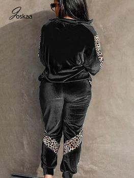 Joskaa Rudenį Aksomo Moterų Rinkiniai Veliūras Sportiniai Kostiumai Leopard Kratinys Visą Rankovės, Užtrauktuku Paltai Jogger Kelnes Sporto Atitikimo Kostiumai