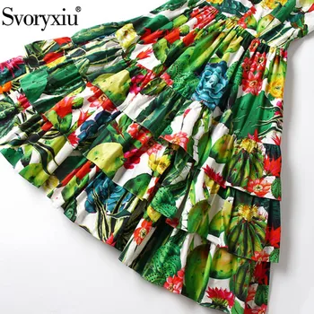 Svoryxiu kilimo ir tūpimo Tako High-End Vasaros Medvilnės Spageti Dirželis Suknelė Moterų Vintage Žalia Kaktusas Gėlių Spausdinti Domino Pynimas Suknelė