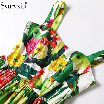 Svoryxiu kilimo ir tūpimo Tako High-End Vasaros Medvilnės Spageti Dirželis Suknelė Moterų Vintage Žalia Kaktusas Gėlių Spausdinti Domino Pynimas Suknelė