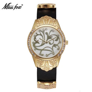 MISSFOX Gėlių Specialų Riešo Laikrodžių Mados Atsitiktinis Juodos Odos Ar Kinija Laikrodžiai Moterims, Laikrodis, Importuotų Pearl Shell Aukso Žiūrėti