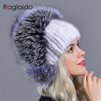 Raglaido moterų skrybėlę žiemos mados audinės kailio kepurės mezgimo gamtos tikro kailio fox pompom šiltą kepurę purus stilingas merginos lauko skrybėlės