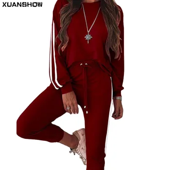 XUANSHOW 2020 Dviejų dalių Komplektas Tracksuit Moterų Drabužiai Satino Pusė Dryžuota Viršaus ir Kelnės Atsitiktinis Streetwear Komplektus Conjunto Feminino