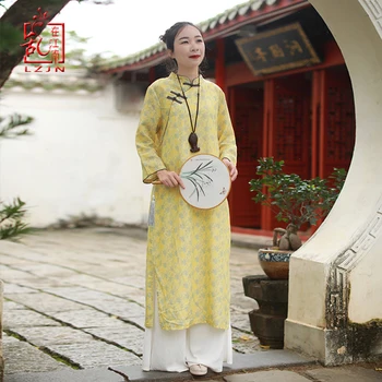 LZJN 2019 m. Pavasario Rudens Gėlių Spausdinti Skraiste, Tradicinė Kinų Moterų Suknelė ilgomis Rankovėmis Rytų Suknelė Cheongsam Qipao