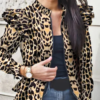 2020 Užtrauktukas Moterų Spausdinti Paltai Stovėti Apykaklės, Raukiniai Trumpi Švarkai Outwear 3XL Plius Dydis Rudenį Plonas Leopard Lady Striukės G1934