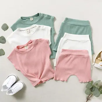 2020 Kūdikių Vasaros megzti apranga 2vnt Vaikams Baby Girl Briaunoti Kietas medvilnės Drabužius trumpomis rankovėmis Pasėlių Top marškinėliai Šortai Rinkinys