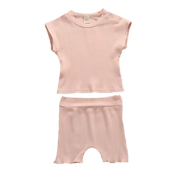 2020 Kūdikių Vasaros megzti apranga 2vnt Vaikams Baby Girl Briaunoti Kietas medvilnės Drabužius trumpomis rankovėmis Pasėlių Top marškinėliai Šortai Rinkinys
