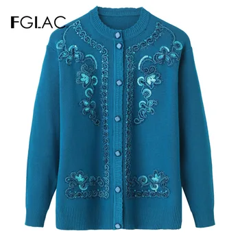 FGLAC vidutinio amžiaus motina drabužių Naujas Mados Rudens-Žiemos Moterų Megztinis Mados Atsitiktinis Megztinis susagstomi megztiniai megzti marškinėliai