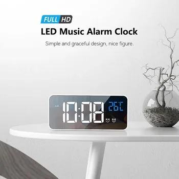 LED Veidrodis, Žadintuvas Namų Miegamąjį Kambarį Įkrovimo Naktiniai Muzika Laikrodis Garso Aktyvuotas Laikrodis