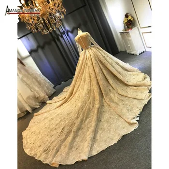 Aukščiausios kokybės, prabangos ilgai traukinio vestuvinė suknelė šampano spalvos, su ilgomis rankovėmis visą duobute 2020 m.