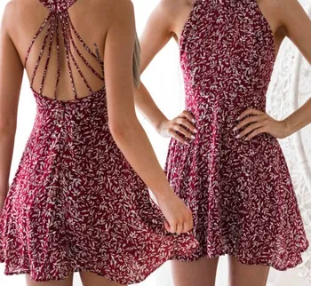 Moterų Boho Suknelė Gėlių Spausdinti Apynasrio Backless Rankovių Tuščiaviduriai Tvarstis Sundress Slim Mini Linijos Lapai Trumpas Vestidos