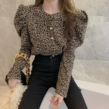 Ezgaga Leopard Moterų Palaidinė Korėjos Mados Žiemos Pavasario Prarasti Derliaus Ilgio Sluoksniuotos Rankovėmis Megztinis Streetwear Ponios Marškinėliai Blusas