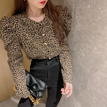 Ezgaga Leopard Moterų Palaidinė Korėjos Mados Žiemos Pavasario Prarasti Derliaus Ilgio Sluoksniuotos Rankovėmis Megztinis Streetwear Ponios Marškinėliai Blusas