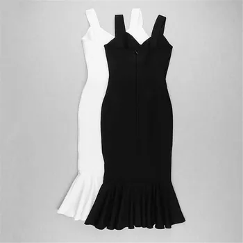 įžymybė tvarstis suknelė elegantiškas baltas juodas tvarstis suknelė aukštos kokybės viskozės sexy v kaklo spagečiai dirželiai midi moteris suknelė