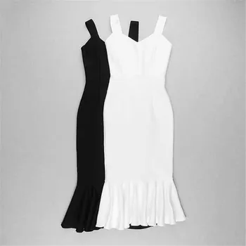 įžymybė tvarstis suknelė elegantiškas baltas juodas tvarstis suknelė aukštos kokybės viskozės sexy v kaklo spagečiai dirželiai midi moteris suknelė