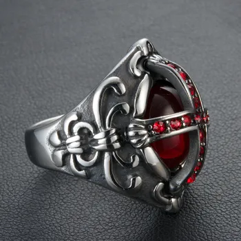 Raudonojo kryžiaus kalnų krištolas žmogus kietas žiedas, papuošalų mados 316L nerūdijančio plieno, žavesio vyrų punk žiedas gotikos piršto žiedą