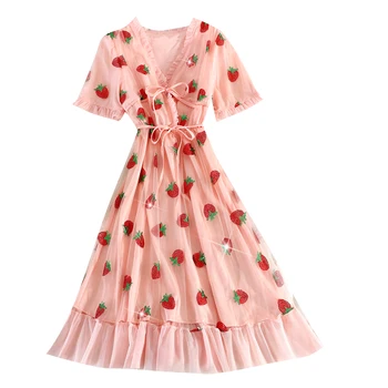 2020 Metų Vasaros Derliaus Pynimas Braškių Suknelė Moterims Saldus V Kaklo, Trumpas Sluoksniuotos Rankovėmis Boho Suknelės Korėjos Stiliaus Rožinė Ilga Tiulio Suknelė