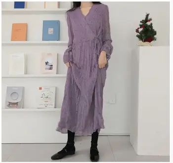 2019 M. Pavasarį Mielas Ilgai Max Suknelės Moterims Korėjos Stiliaus Ilgomis Rankovėmis Temperamentas Lady V Kaklo Violetinė Juoda Vintage Marškinėliai Suknelė 6512