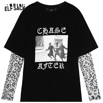 ELFSACK Harajuku Grafinis Atsitiktinis Marškinėliai Moterims,2020 M. Rudenį Kratinys Leopard Pilna Rankovės korėjos Ponios Netikrą 2 vnt Kasdien Tees