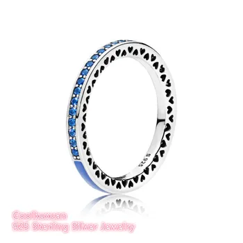 Žiedai Atitinka Europos Stiliaus Papuošalus 925 Sterlingas Sidabro Spinduliavimo Širdis, Princesė Mėlyna Emalį & Royal Mėlyna Kristalai