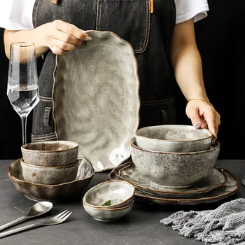 Nereguliarus Akmens Grūdų Keraminiai Indai Plokštė Japonija Stiliaus Stalo Įrankiai Nustatyti Ekologinio Draugiškas Patiekalų Indai Nustatyti Plokštės, Virtuvės Reikmenys
