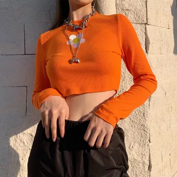 Orange, T Marškiniai Gėlių Siuvinėjimas Apkarpyti Viršūnes Rudenį Moterų Sexy Trumpi Viršūnes Streetwear Clubwear marškinėliai ilgomis Rankovėmis Megzti Drabužiai