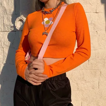 Orange, T Marškiniai Gėlių Siuvinėjimas Apkarpyti Viršūnes Rudenį Moterų Sexy Trumpi Viršūnes Streetwear Clubwear marškinėliai ilgomis Rankovėmis Megzti Drabužiai