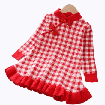 Baby Girl Mados Megztinis Suknelė Kinų Stiliaus Megzti Princesė Dress Vaikams Kūdikių Mielas Žieminiai Drabužiai Vaikams Žiemos Megztinis