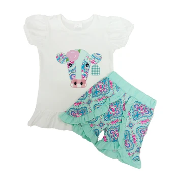 Bamblys mergina vasaros drabužių komplektas su trumpomis rankovėmis vaikai baltos viršų ir spausdinimo šortai 2 vienetų komplektas mergina karvė apranga