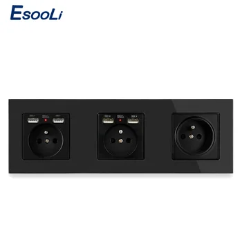 Esooli 3 Gauja Juoda prancūzijos Standartinį elektros Lizdą Su Dual USB Įkrovimo lizdas + 1 Gauja prancūzijos Lizdas 258*86mm Krištolo Stiklo Skydelis