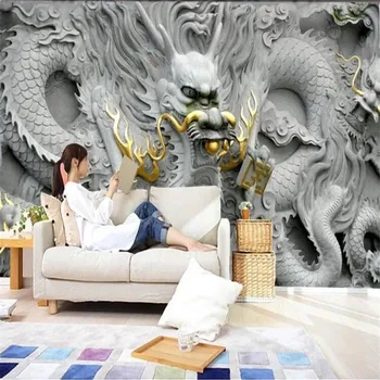 Custom Kinų Stiliaus 3D Iškilumo Dragon Foto Tapetai Prabangių Namų Dekoro Viešbučio Restorane Įrašas Altoriaus Freskos Tapetai, 3D
