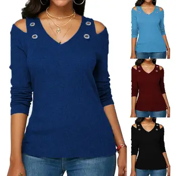 2020 Naujas Mados Atsitiktinis Marškinėliai Moterims vientisos Spalvos V-Kaklo, ilgomis Rankovėmis Šalto Pečių Skylių Plius Dydžio Palaidinė Rudens Žiemos Viršūnes KARŠTA!!