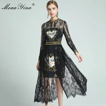 MoaaYina Mados Dizaineris suknelė Vasaros Moterų Nėrinių Suknelė ilgomis Rankovėmis Duobute Spausdinti Juodas Seksualus, Elegantiškas Suknelės