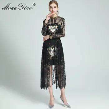 MoaaYina Mados Dizaineris suknelė Vasaros Moterų Nėrinių Suknelė ilgomis Rankovėmis Duobute Spausdinti Juodas Seksualus, Elegantiškas Suknelės