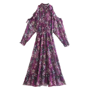 2020 m., Elegantiška Violetinė Gėlių Spausdinti Šifono Raukiniai, ilgomis rankovėmis Suknelę, Moteris Tuščiaviduriai Iš Peties Ranką Apykaklės Midi Ilgio Arbatos Suknelės