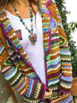 Rudenį Džemperis Moterims ilgomis Rankovėmis Kratinys Megzti Atviras Priekis Rainbow Dryžuotas Megztinis Moterims Kailis Sueter mujer invierno 2019