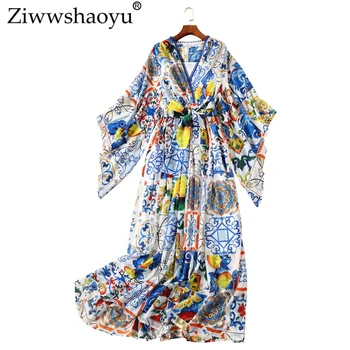 ZiwwshaoyuEurope ir Jungtinių amerikos valstijų 2018 m. rudenį naujų suknelė Bohemijos Spausdinti Lankas V-Kaklo Blyksnius Rankovės Big swing suknelė Užsakymą 5XL