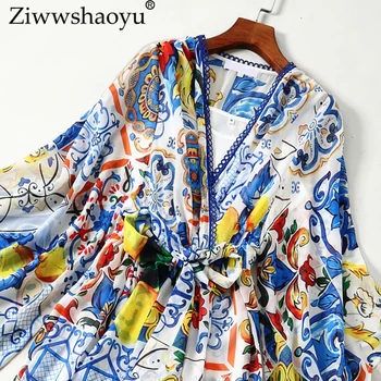 ZiwwshaoyuEurope ir Jungtinių amerikos valstijų 2018 m. rudenį naujų suknelė Bohemijos Spausdinti Lankas V-Kaklo Blyksnius Rankovės Big swing suknelė Užsakymą 5XL