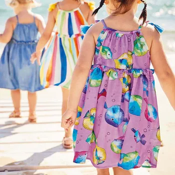 Mažai Specialistė Naujas Vasaros Vaikai Žalia Violetinė Rankovių žuvys Spausdinti petnešėlėmis Megzti 1-6yrs Medvilnės Merginų Paplūdimio Suknelės