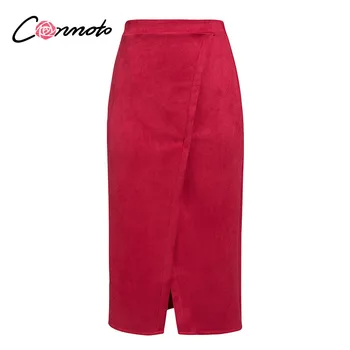 Conmoto aukšto juosmens kietas atsitiktinis sijonai moterims pavasario sijonai ritininės midi sijonas raudonas sude odos aukštosios mados derliaus sijonai